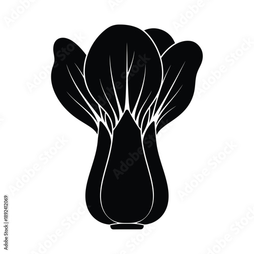 Black silhouette of a bok choy with prominent leaf veins and stem isolated on  white Background