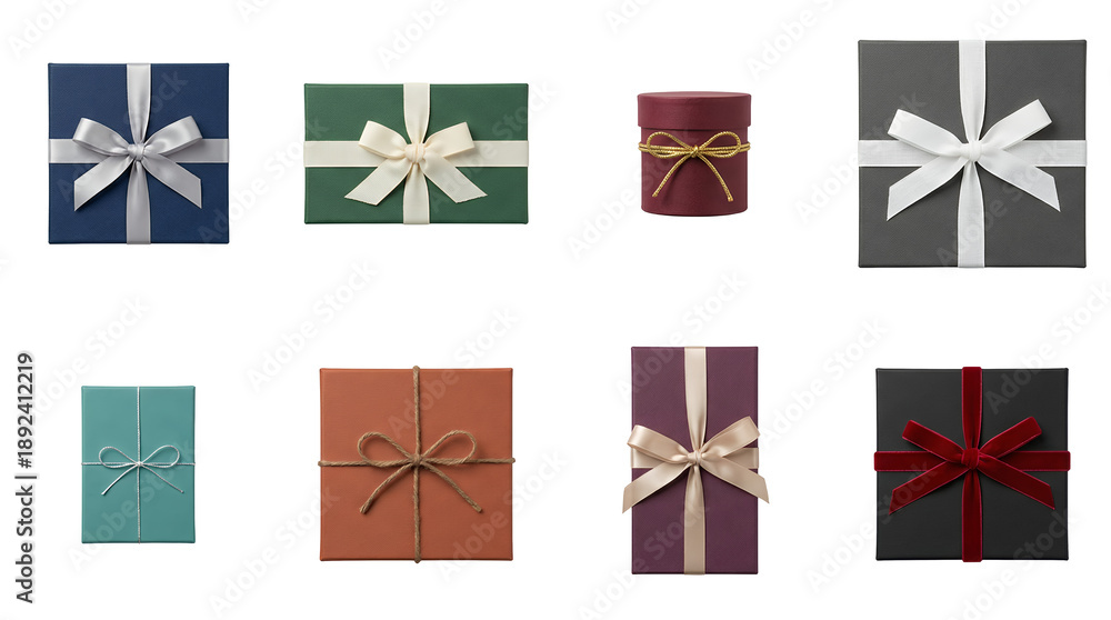 Fototapeta premium Assorted gift box set including colorful square, round, and rectangular containers with satin, velvet, and cord bows isolated. Holiday presents and celebration packaging collection.