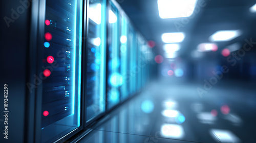 Futuristic server room with abstract blinking LED lights creating vibrant atmosphere. sleek design and glowing elements evoke sense of advanced technology and innovation