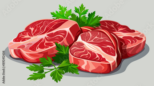 Very beautiful close-up of raw meat pieces garnished with parsley, highlighting freshness, simple food styling, natural colors, and clean butcher presentation.