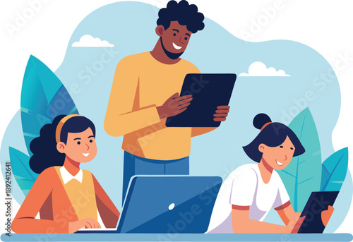 Happy, diverse students use the internet responsibly under teacher guidance in a bright, engaging classroom.