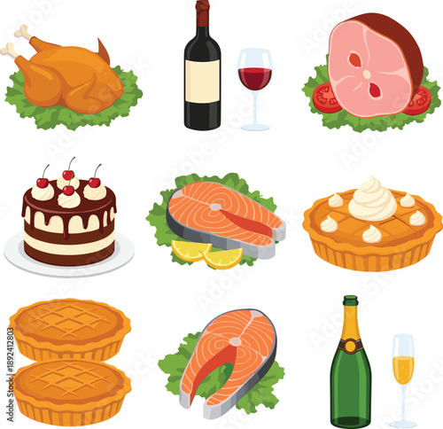 Festive food and drink collection with roast meat, fish, desserts and wine vector illustration