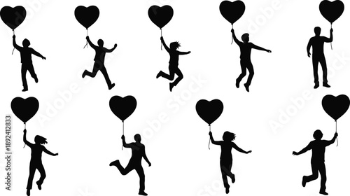 Black silhouettes of people jumping and holding heart balloons