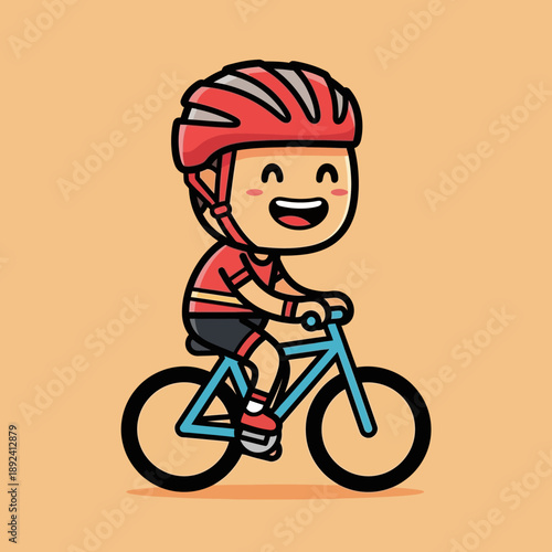 A cartoon vector illustration of a child riding a bicycle quickly outdoors