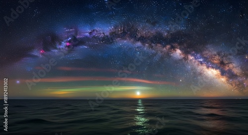 Star-filled night sky over the open sea, tranquil and vast, with shimmering starlight reflecting on dark ocean waters beneath a peaceful horizon.