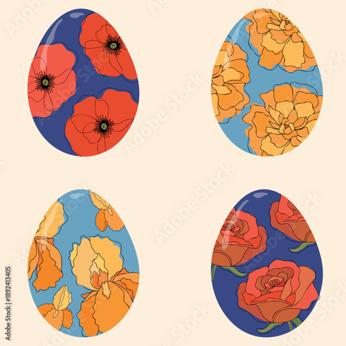 Easter eggs with floral ornament set. Egg hunt event invitation template.