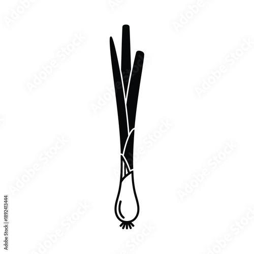 Black Silhouette of a Scallion or Spring Onion leek isolated on  white Background