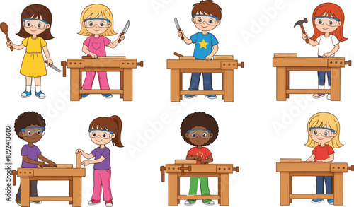 Cute children woodworking activity collection with tools, workbench and creative craft learning cartoon vector illustration