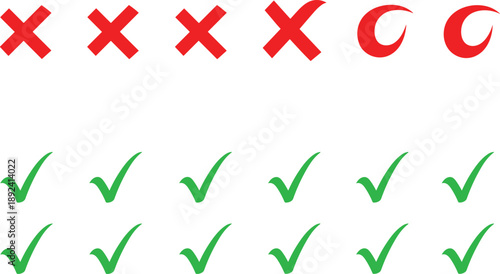Set of Red Cross and Green Check Mark Symbols for Approval Rejection Validation Interface and UI Design Vector Icons