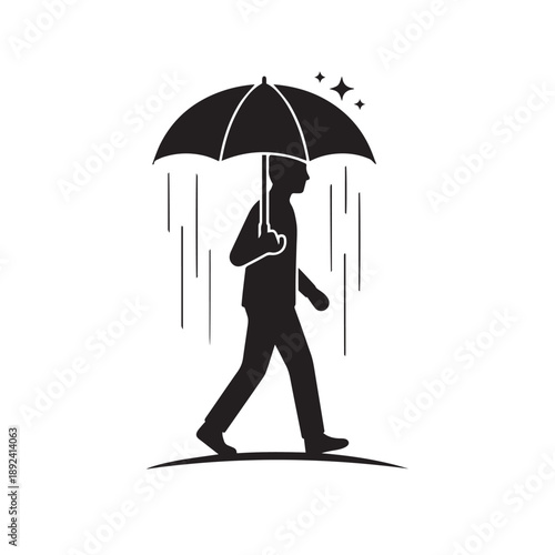 Vector silhouette of a person walking with umbrella, rainy day concept.