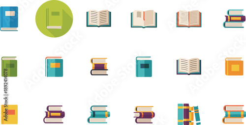 Set of Colorful Book Icons Including Open Books Stacked Textbooks Library Symbols and Reading Education Flat Vector Collection