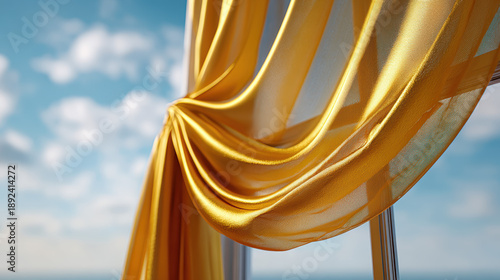 Luxurious gold silk curtains gently flowing in soft breeze, creating elegant atmosphere against serene sky. fabric rich texture adds warmth and sophistication to any space