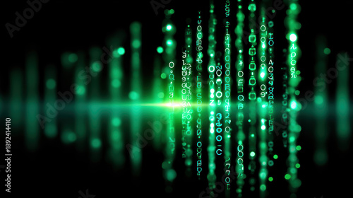 Emerald green glowing vertical data streams create mesmerizing visual effect, evoking sense of digital depth and technology. cascading numbers enhance futuristic atmosphere