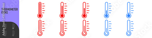 Thermometer icon set showing different temperature levels from cold to hot. Ideal for weather apps, climate concepts, temperature control, health indicators, UI design, dashboards and infographics.
