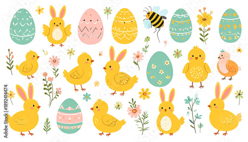 Playful Easter illustration featuring bunny, chicks, eggs, flowers, and a bee, bright and friendly, white background.
