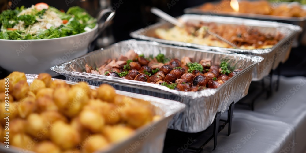Obraz premium Gourmet buffet display with assorted hot dishes and fresh salad