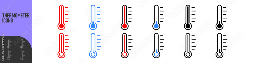 Fototapeta premium Thermometer icon set showing different temperature levels from cold to hot. Ideal for weather apps, climate concepts, temperature control, health indicators, UI design, dashboards and infographics.