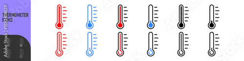 Thermometer icon set showing different temperature levels from cold to hot. Ideal for weather apps, climate concepts, temperature control, health indicators, UI design, dashboards and infographics.