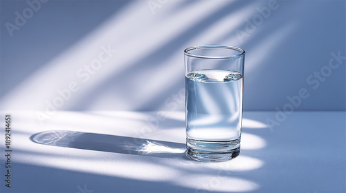 Minimalist glass of water sits elegantly on surface, reflecting light and casting soft shadows. serene composition evokes sense of calm and clarity