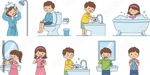 Cute kids daily hygiene routine collection with bathing, brushing teeth and washing hands cartoon vector illustration