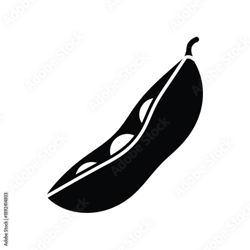 Black silhouette of an open pea pod with three peas isolated on  white Background
