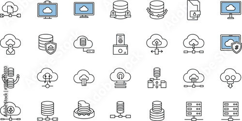 Cloud Computing and Data Storage Line Icon Set Featuring Servers, Secure Cloud Systems, Backup Solutions, Network Infrastructure, and Digital Technology Services