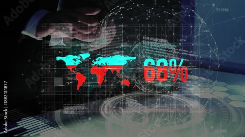 Animation of statistics and data processing over network of connections on green cityscape