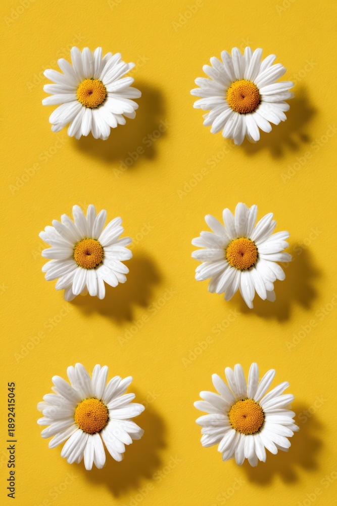 Fototapeta premium Six daisies on vibrant yellow background with shadows