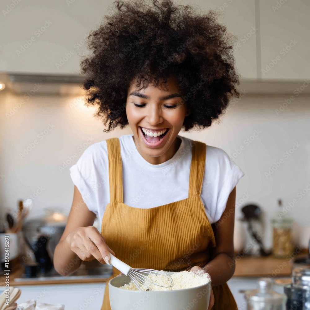 Fototapeta premium Young african female baking in kitchen with joyful expression
