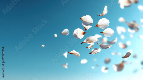 Soft focus white petals falling against light blue sky create serene and tranquil atmosphere, evoking feelings of peace and beauty in nature