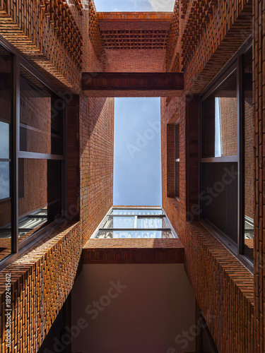 Dramatic Worm's Eye View of Architectural Detail of Textured Brickwork in Modern Urban Design 