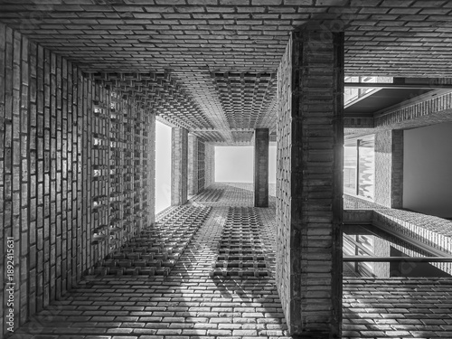Dramatic Worm's Eye View of Architectural Detail of Textured Brickwork in Modern Urban Design 