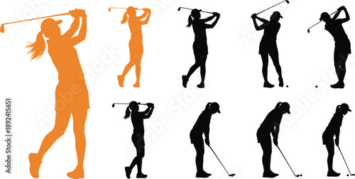 Collection of black and orange silhouettes of female golfers in various action poses including swinging clubs and putting isolated on a white background