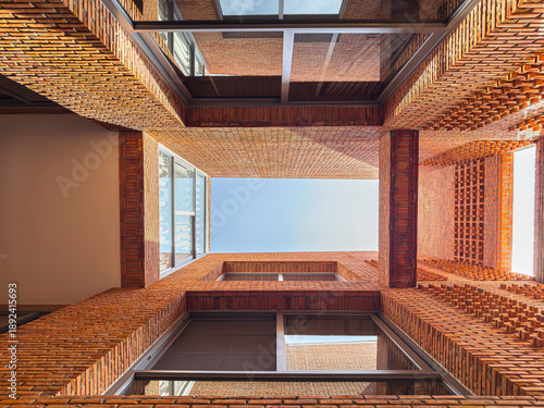 Dramatic Worm's Eye View of Architectural Detail of Textured Brickwork in Modern Urban Design 