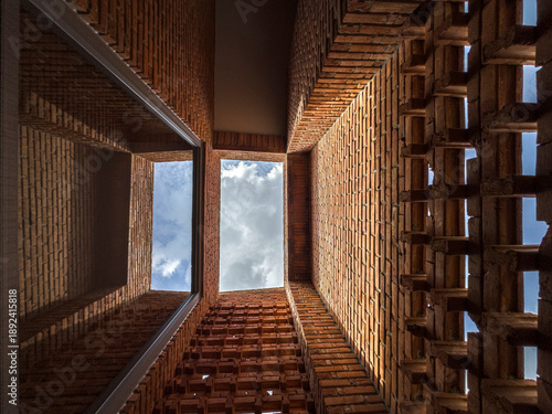 Dramatic Worm's Eye View of Architectural Detail of Textured Brickwork in Modern Urban Design 