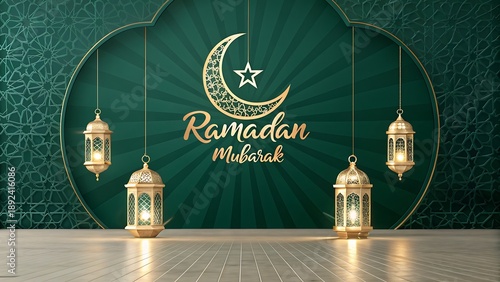Ramadan Mubarak greeting with golden lanterns and crescent moon on dark green background