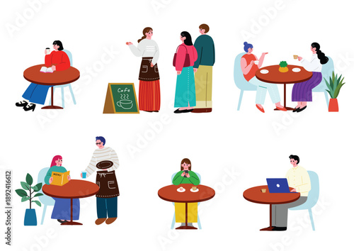 カフェで過ごす人々のイラスト