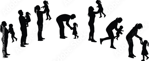 Set of black silhouettes of parents playing with children, mothers and fathers holding, lifting, and walking with toddlers and babies isolated on white background