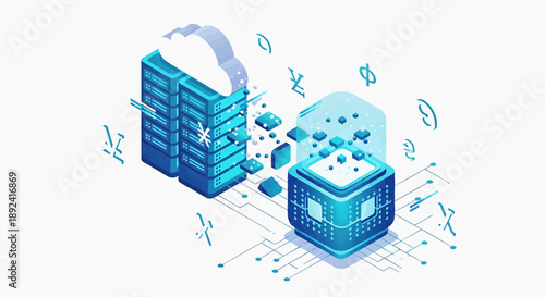 Isometric concept of a cloud data center, illustrating secure information storage, processing, and advanced network technology with server racks and digital connections
