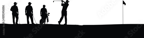 Black Silhouette of Professional Golfers Playing on a Course with One Player Swinging a Club and Others Watching Near a Flag for Sports Concept