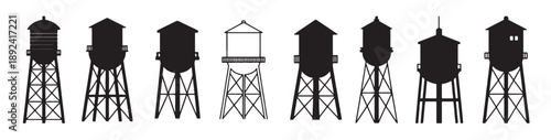 eight silhouettes of water towers various designs