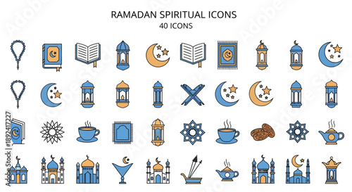Ramadan Spiritual Lifestyle Icons - Colorful Islamic Elements, Quran, Dates, and Prayer Beads