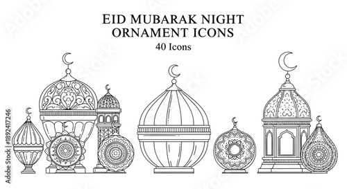 Eid Mubarak Night Scene Ornaments - Detailed Mosque Dome and Minaret Illustration