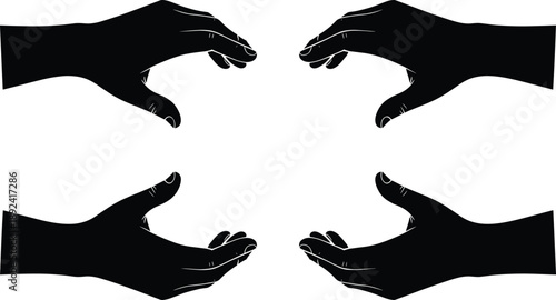 Set of Four Human Hand Silhouettes Reaching Outward and Holding Space for Conceptual Care Support Protection Community Unity and Professional Business Teamwork Graphic Elements