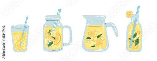 Hand drawn summer lemonade drink set in glass, jar, pitcher and bottle with ice and mint. Cartoon Italian citrus beverage vector illustration