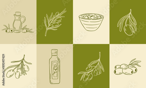 Vintage outline illustration of olives, branches and oil bottle on geometric background. Mediterranean cuisine vector illustration in doodle style