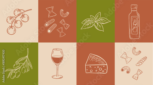 Retro traditional italian food set with pasta, tomato, basil, cheese, olive oil and wine. Doodle vintage vector illustration