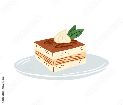 Hand drawn dessert tiramisu slice on plate with cream vector illustration