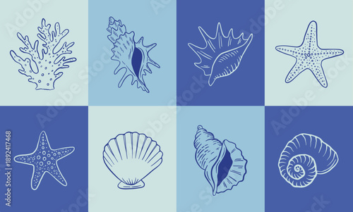 Hand drawn sea shells, coral and starfish icon set on geometric background. Vintage vector illustration in doodle style