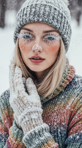 young blonde woman with long silver eyelashes covered in frost and ice crystals, icy makeup, blue eyes, and slightly flushed cheeks and nose from the cold, bright knitted sweater, hat